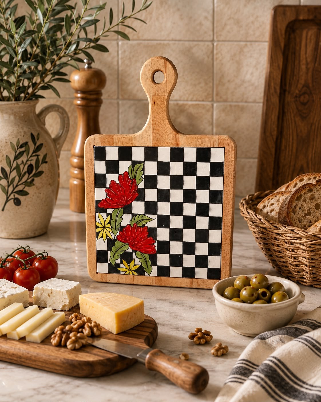 Damalı Çiçek Desenli Sunum Tahtası